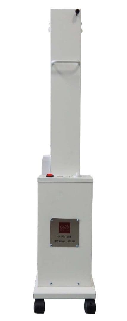 A white box with a red button on the side.