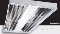 A close up of the open configuration of an industrial light fixture.