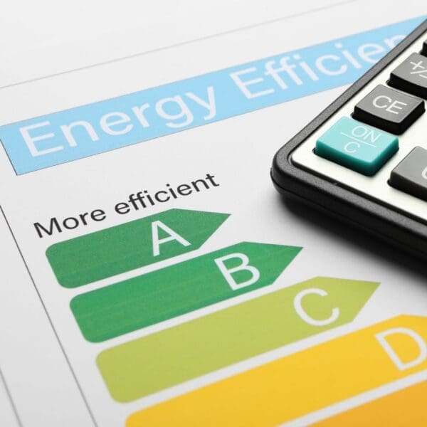 A calculator sitting on top of an energy efficiency chart.