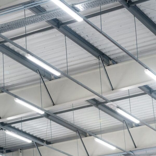 A ceiling with many lights and some fans