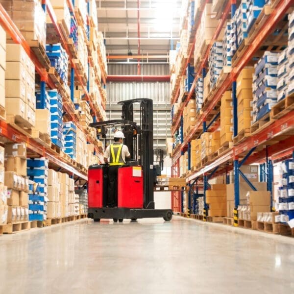 A man in yellow vest riding on the back of a forklift.