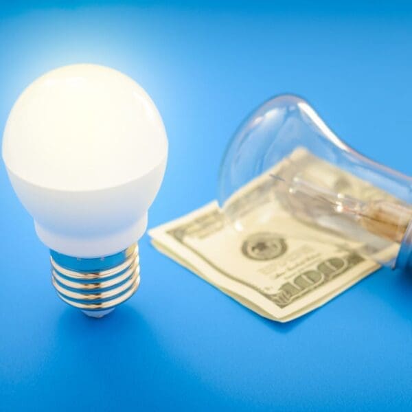 A light bulb and money on top of a table.