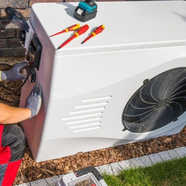 A person working on an air conditioner outside.