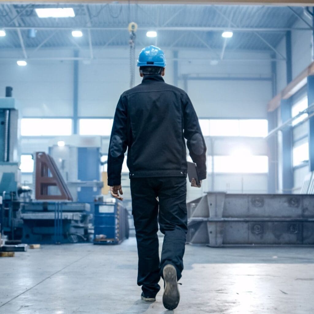 A man in black jacket and blue hard hat walking.