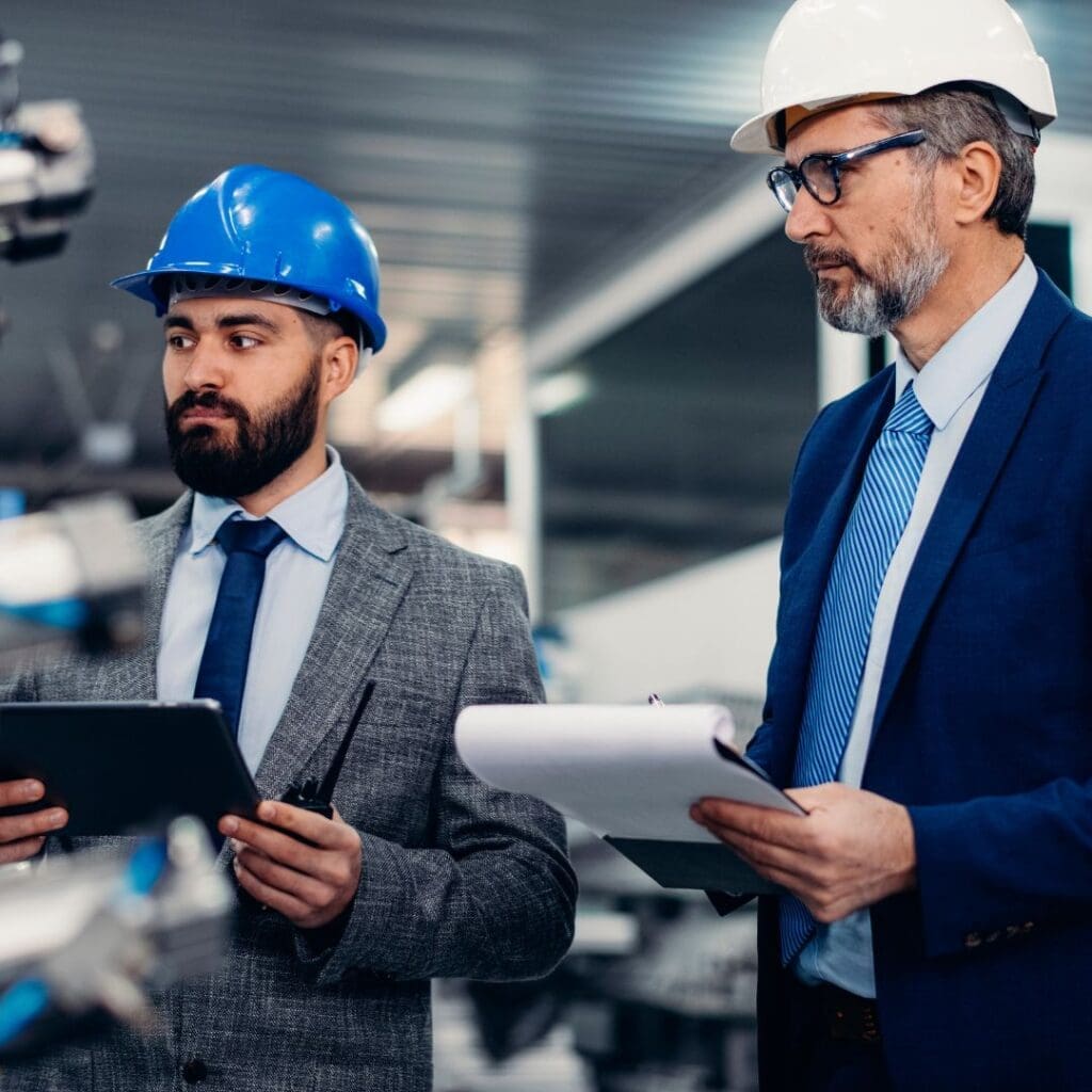 Two men in hard hats and suits are looking at a tablet.