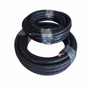 Two coiled black hoses with pink caps