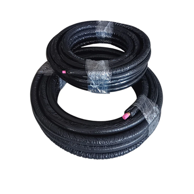 Two coiled black hoses with pink caps