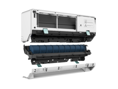 Opened split air conditioner showing internal components