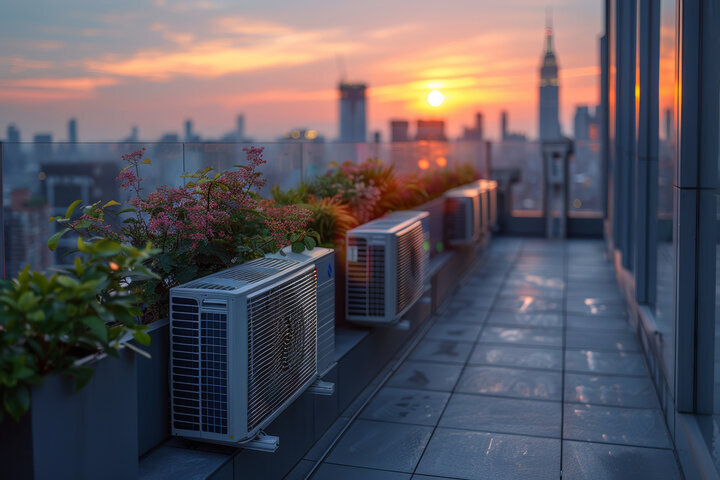 Heat pumps on a rooftop at sunset