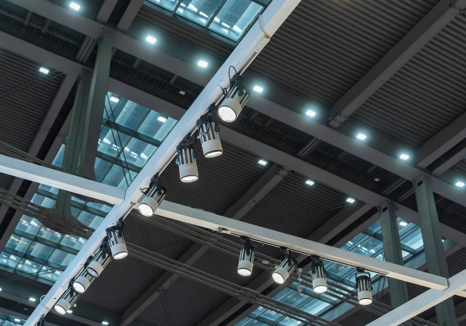 Ceiling track lights in modern building