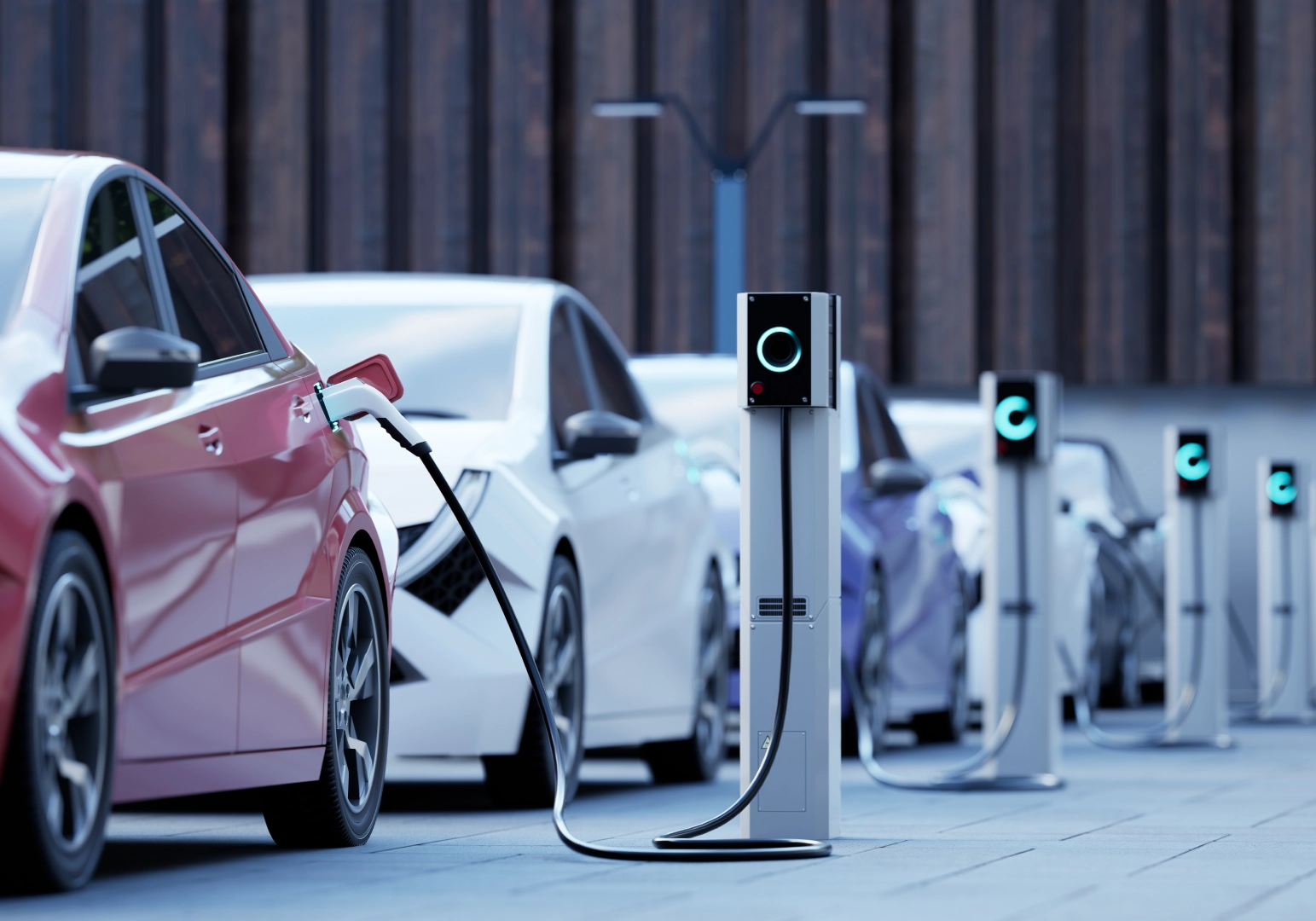 EVs plugged into charging stations