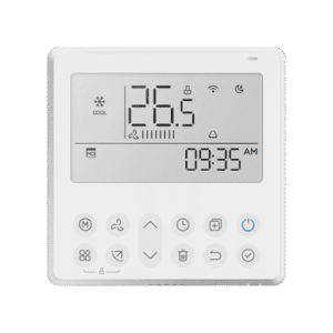 Modern thermostat showing temperature and time